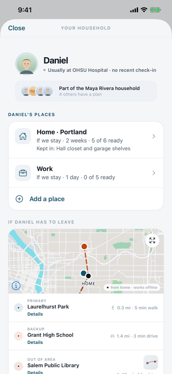 If we have to leave: the household's primary, backup, and out-of-area meeting places with distance and travel time from home, and the nearest hospital
