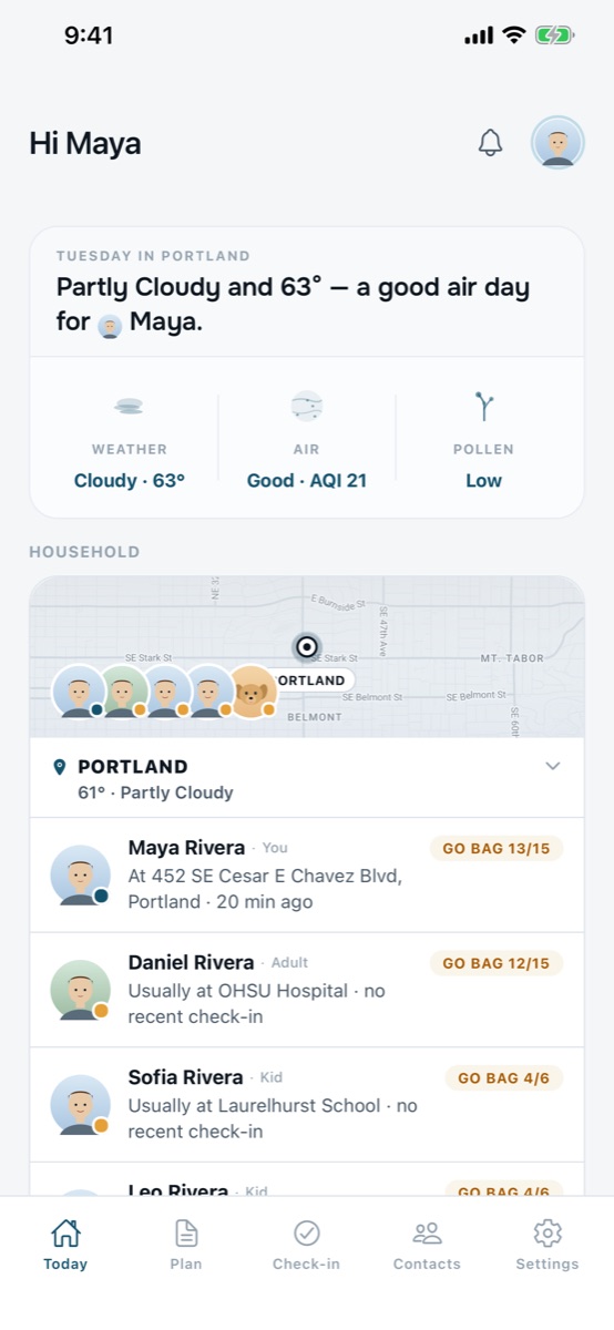 The Today screen: Portland weather, air quality and pollen, and each person in a household of four and their dog, with go-bag progress